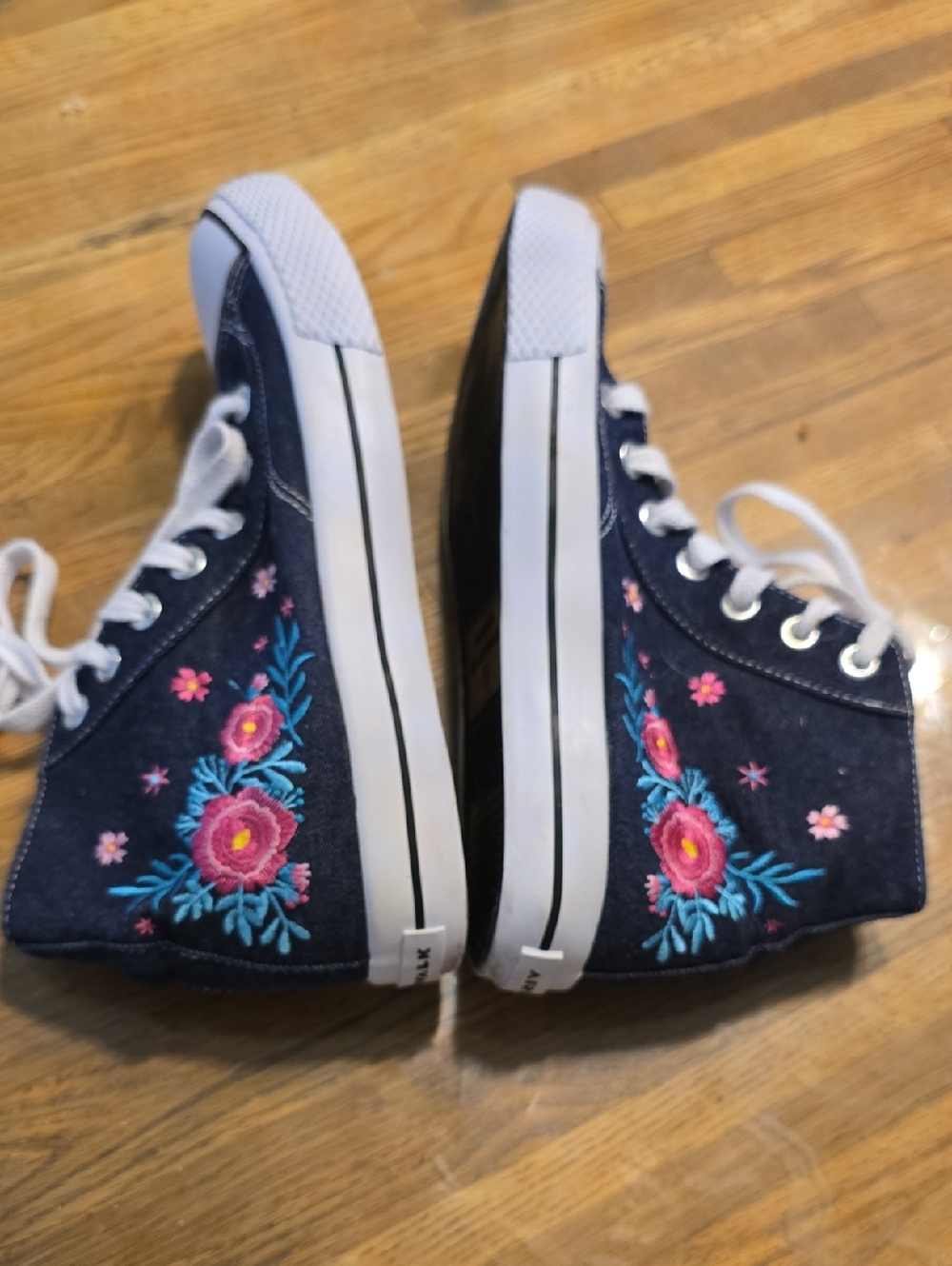 Embroidered Navy High-Top Sneakers with Pink Floral Accents